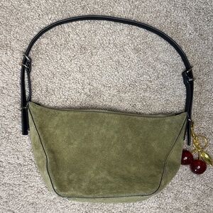 Madewell Olive Suede Shoulder Bag with Cherry Charm and Black Strap